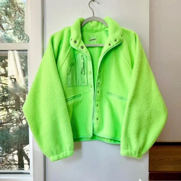 New Free People Hit The Slopes Fleece Jacket Bomber FP Movement Lime Green XS - Picture 1 of 9